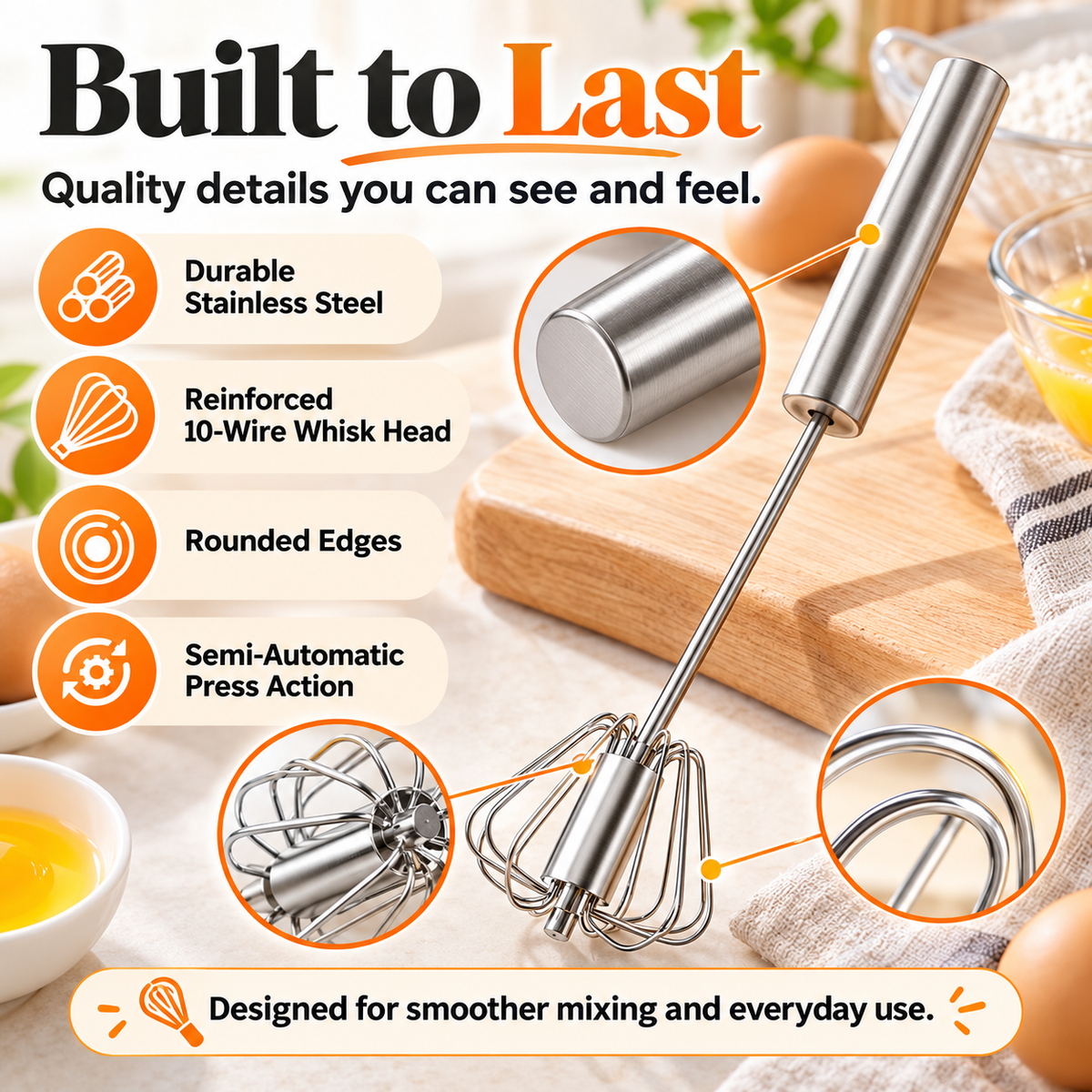 🥚 AA Food-Grade Stainless Steel Hand-Push Rotary Whisk ✨