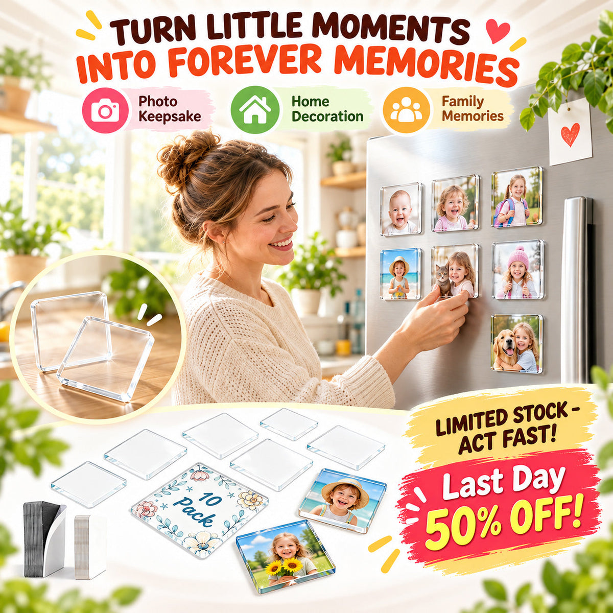 🎁Clear Acrylic DIY Fridge Magnet Set with Adhesive Backing – Square Magnetic Photo Frames with Stunning 3D Effect 💕
