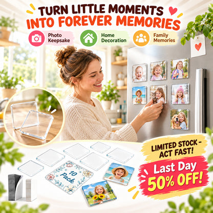 🎁Clear Acrylic DIY Fridge Magnet Set with Adhesive Backing – Square Magnetic Photo Frames with Stunning 3D Effect 💕