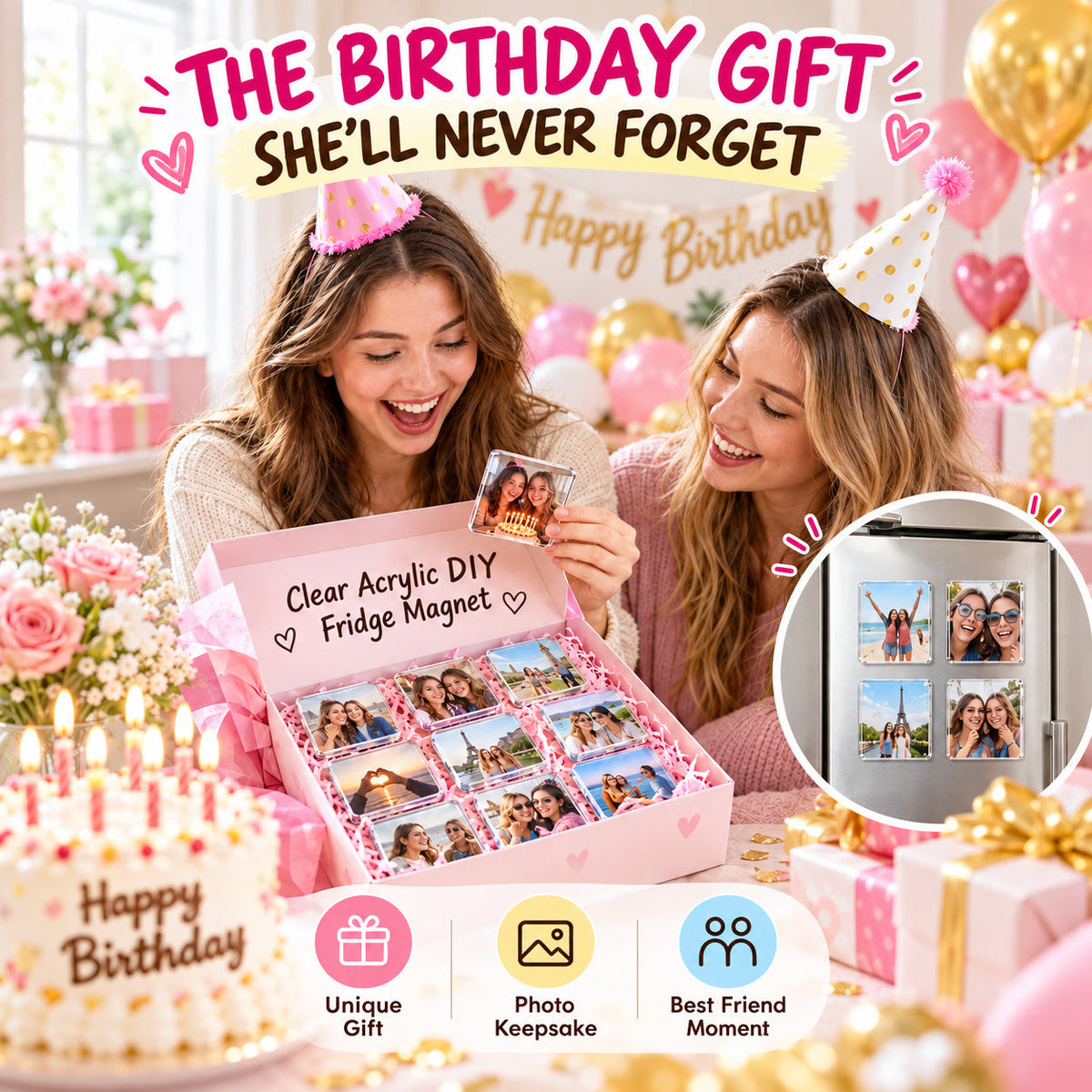 🎁Clear Acrylic DIY Fridge Magnet Set with Adhesive Backing – Square Magnetic Photo Frames with Stunning 3D Effect 💕