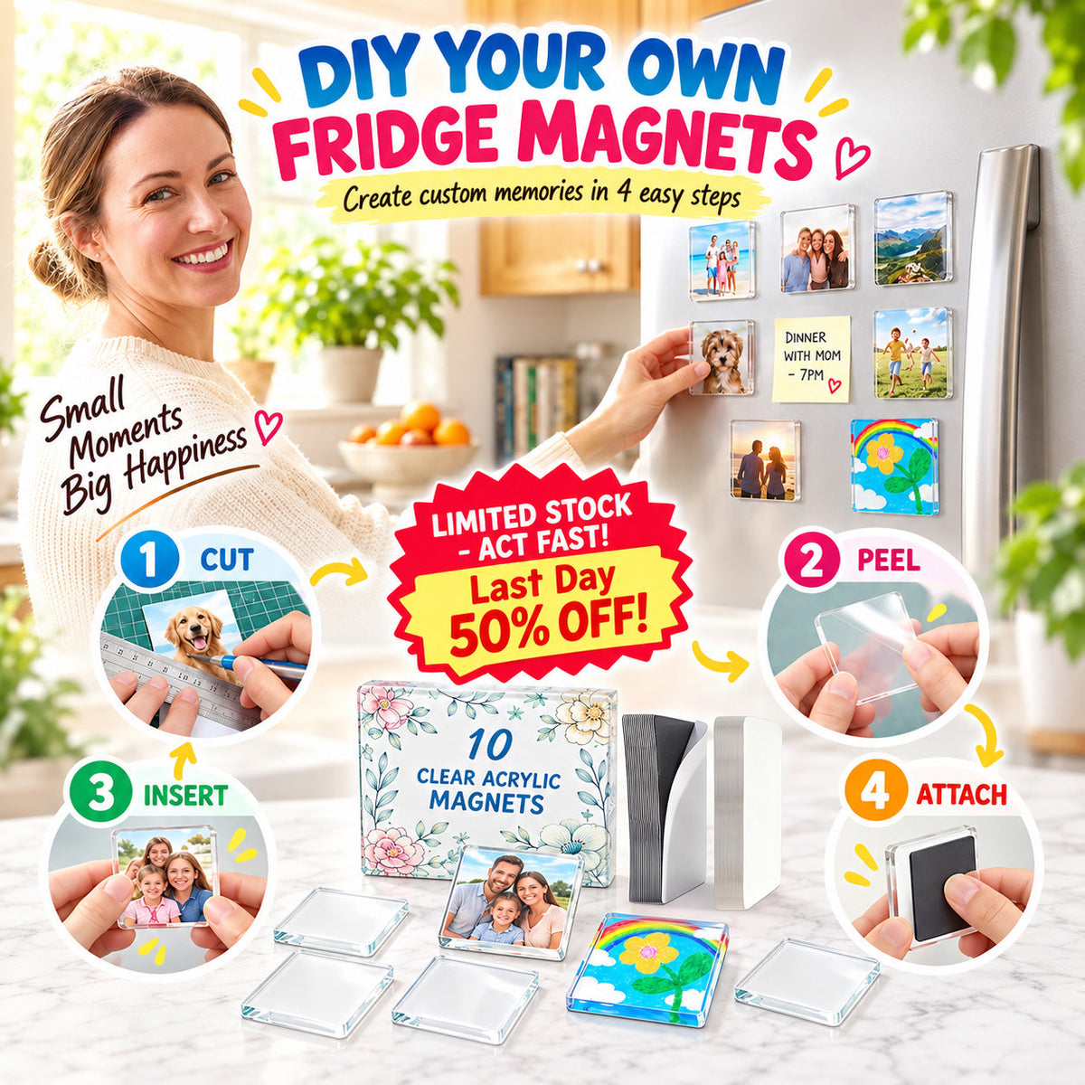 🎁Clear Acrylic DIY Fridge Magnet Set with Adhesive Backing – Square Magnetic Photo Frames with Stunning 3D Effect 💕