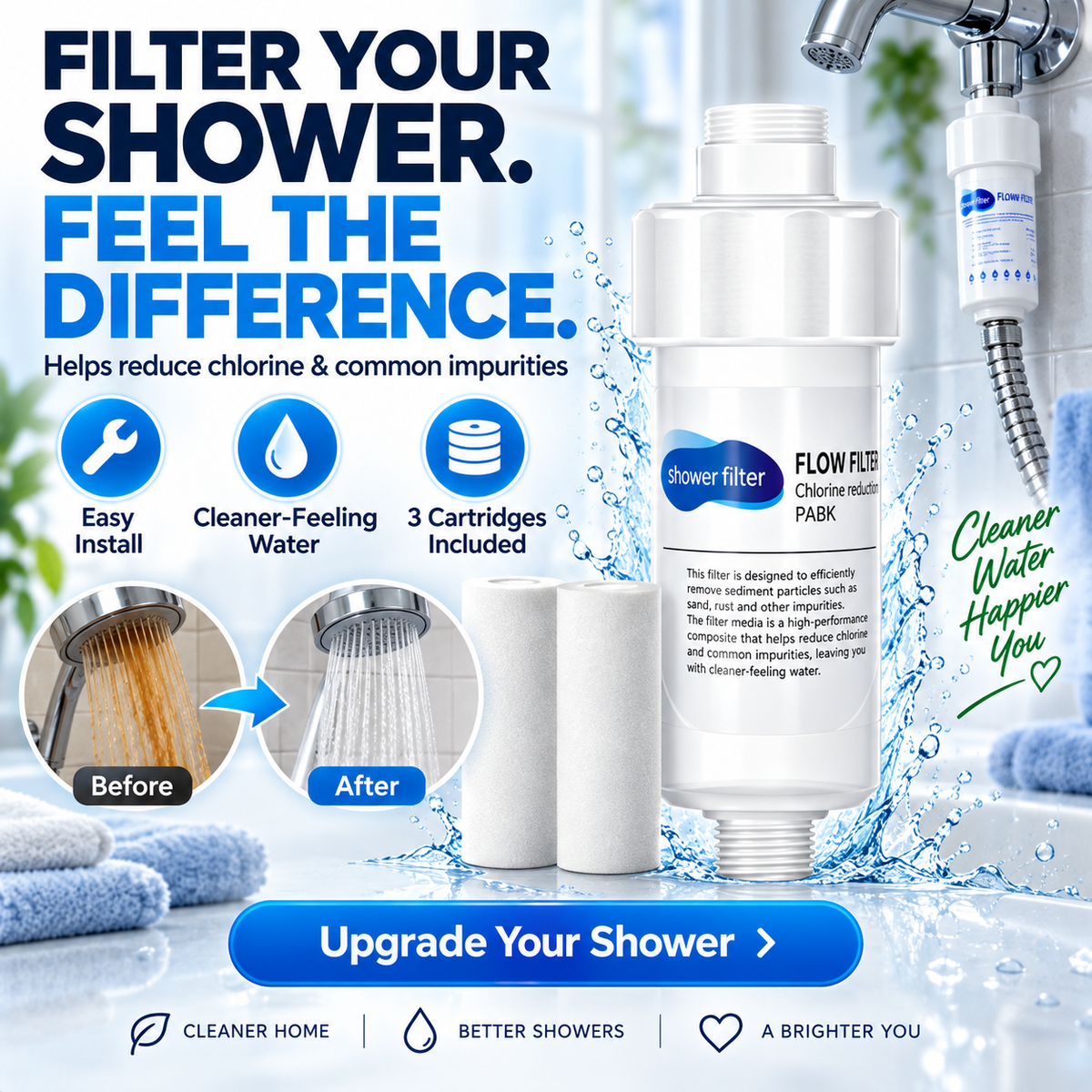 🚿 Upgrade Your Shower Water — Easy-Install Shower Filter with 3 Cartridges for Cleaner-Feeling Water 💧