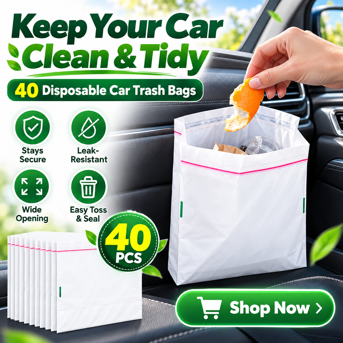 🚗 40-Pack Self-Adhesive Car Trash Bags – Leak-Resistant & Secure