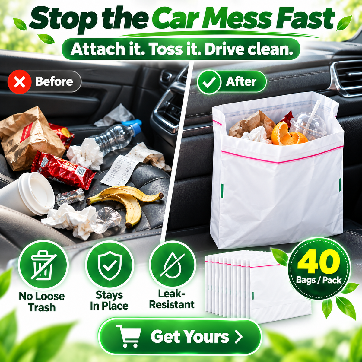 🚗 40-Pack Self-Adhesive Car Trash Bags – Leak-Resistant & Secure
