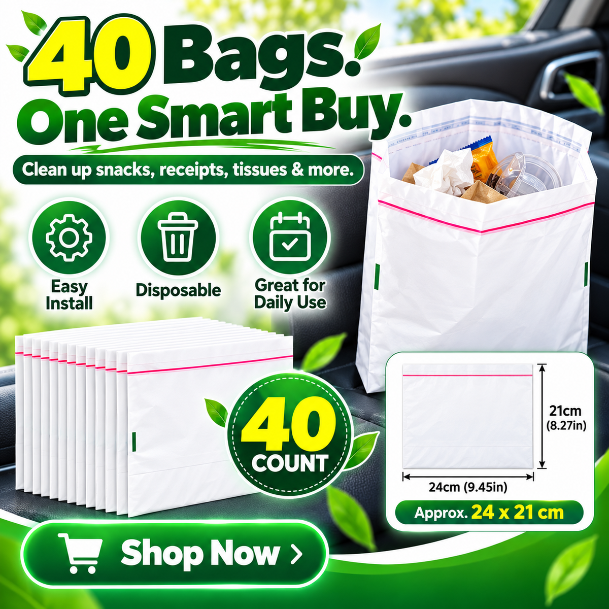 🚗 40-Pack Self-Adhesive Car Trash Bags – Leak-Resistant & Secure