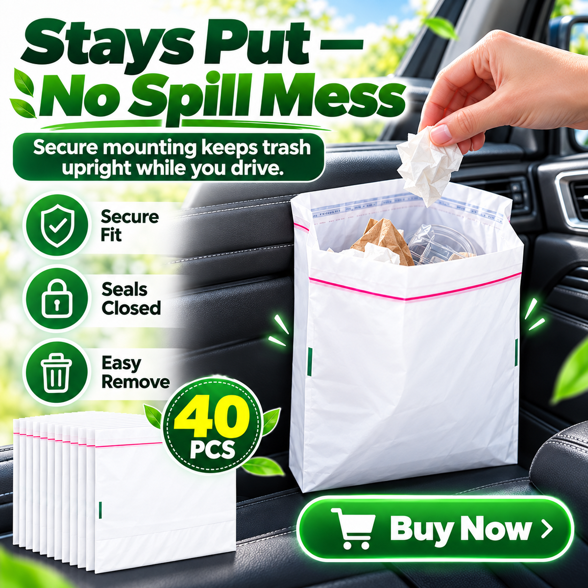 🚗 40-Pack Self-Adhesive Car Trash Bags – Leak-Resistant & Secure